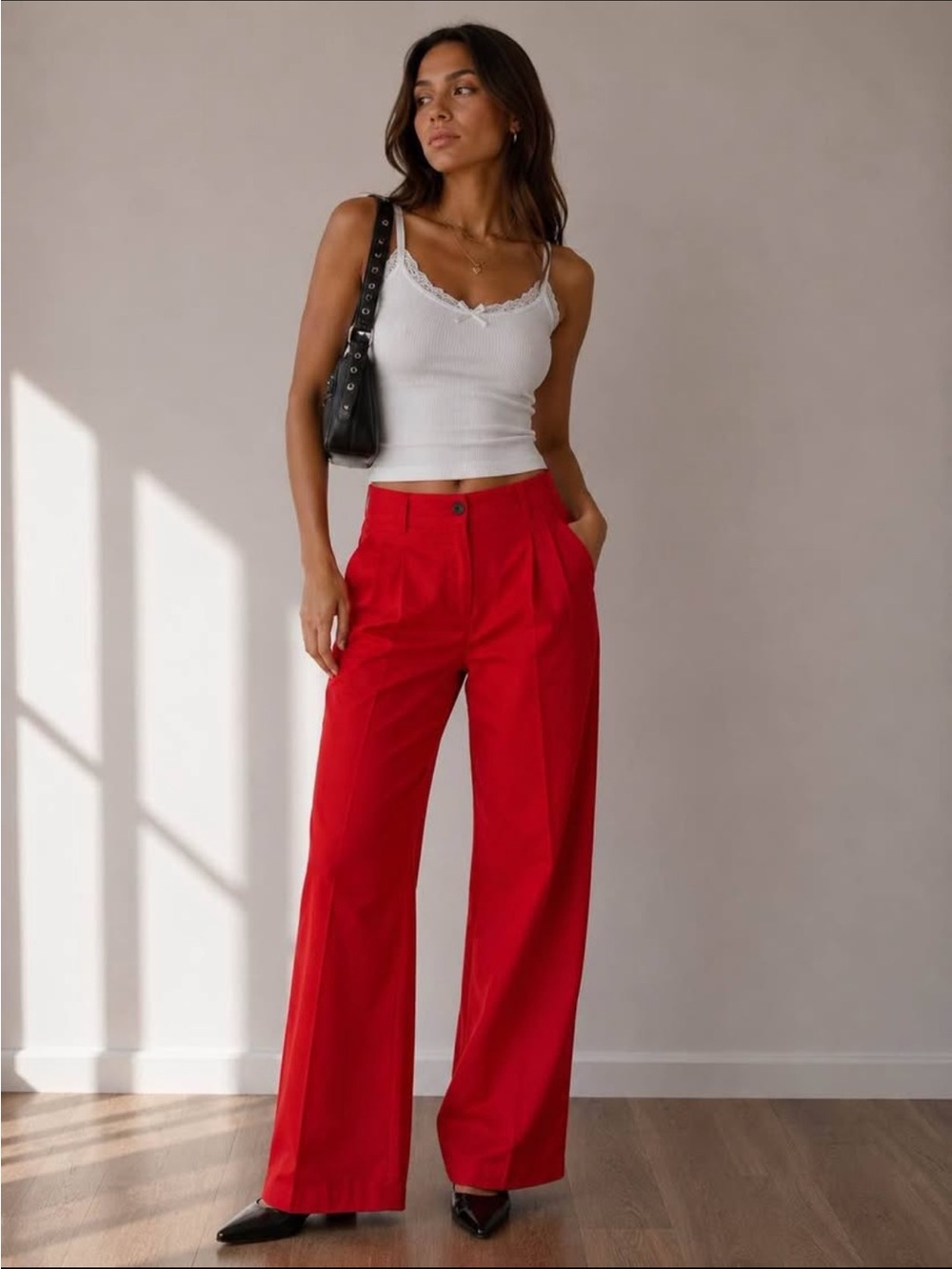 SHEIN Red High-Rise Wide Leg Pleated Trousers